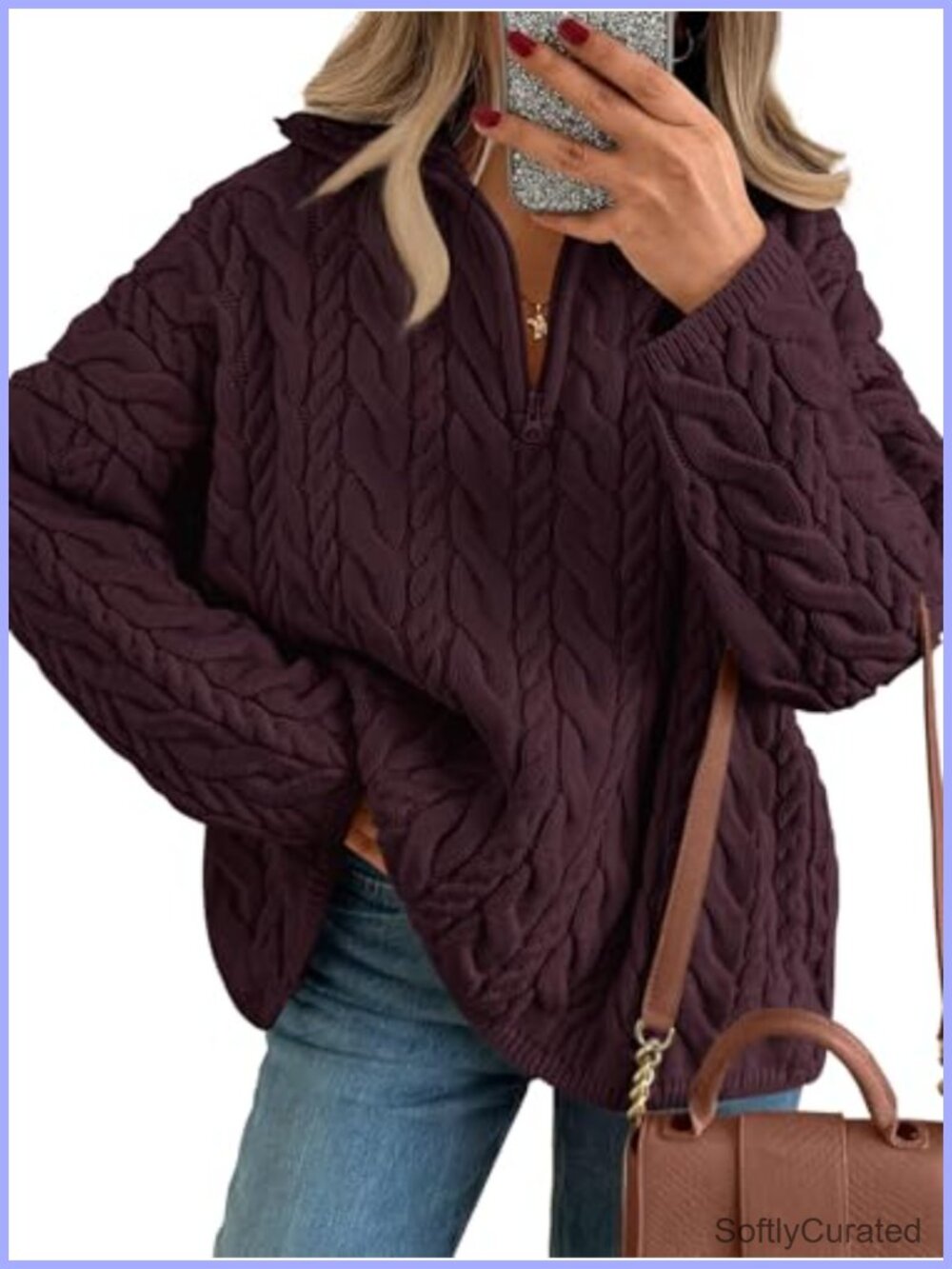 Oversized Chunky Cable Knit Quarter Zip Pullover Sweater Cotton Acrylic